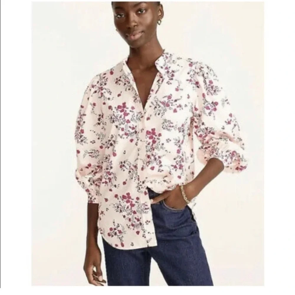 J.Crew classic collarless puff sleeve button down floral shirt size 10